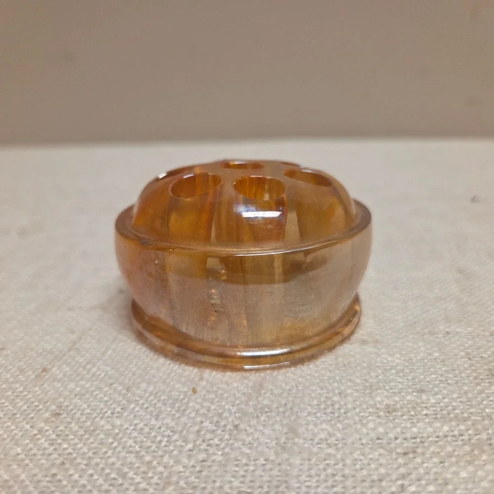 Vintage Amber Carnival Glass Flower Frog Iridescent Marigold 8 Hole Small Round